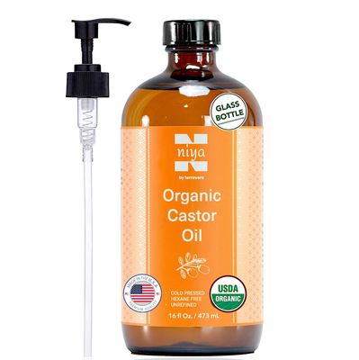 terravera Niya 16oz Pure Organic Castor Oil Cold Pressed Unrefined, Hexane Free,Natural - Glass Bottle with Pump, USDA Certified, Golden Castor oil for Skin, Hair, Lashes, Nails &amp; More