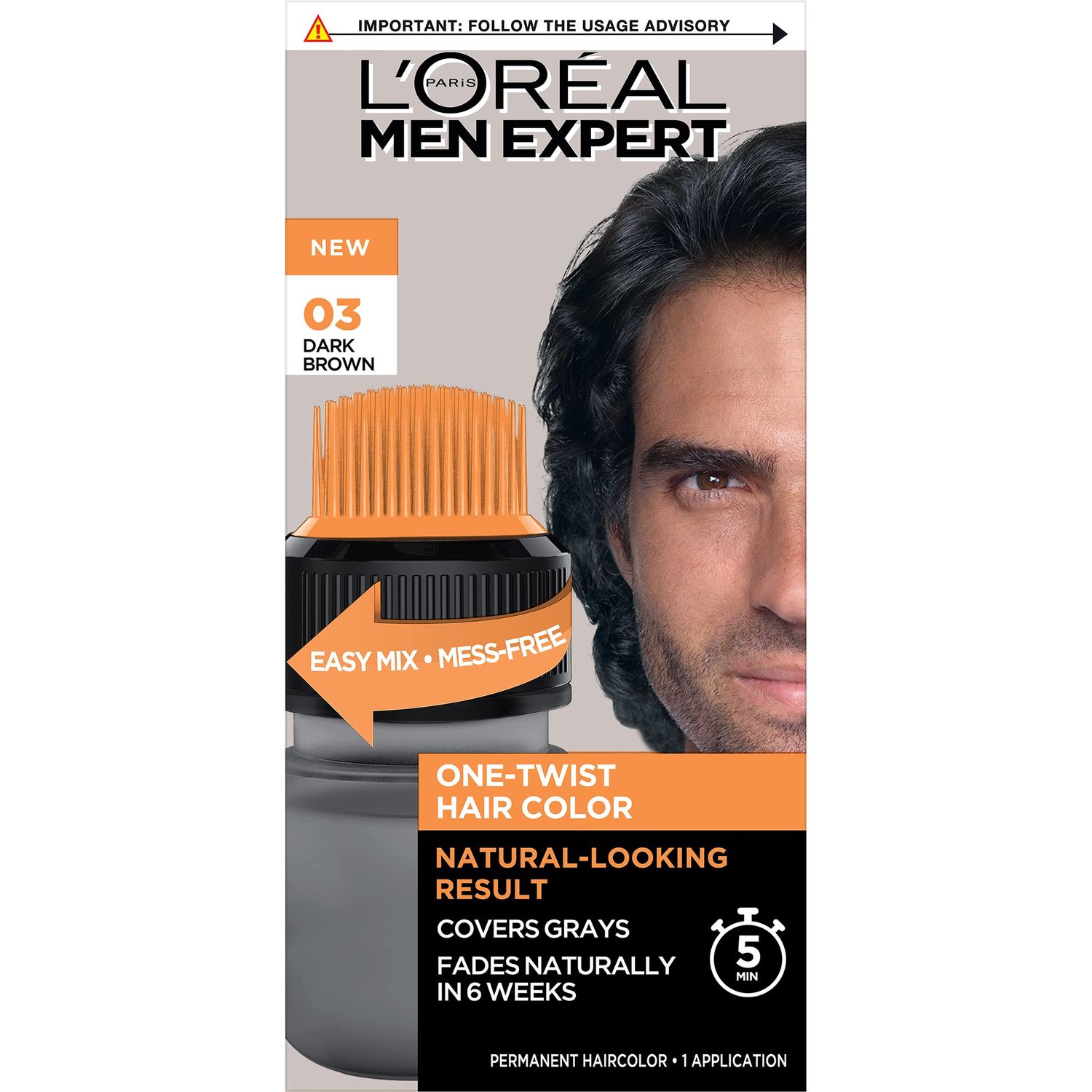 LOral Paris Men Expert One Twist Mess Free Permanent Hair Color, Mens Hair Dye to Cover Grays, Easy Mix Ammonia Free Application, Dark Brown 03, 1 Application Kit