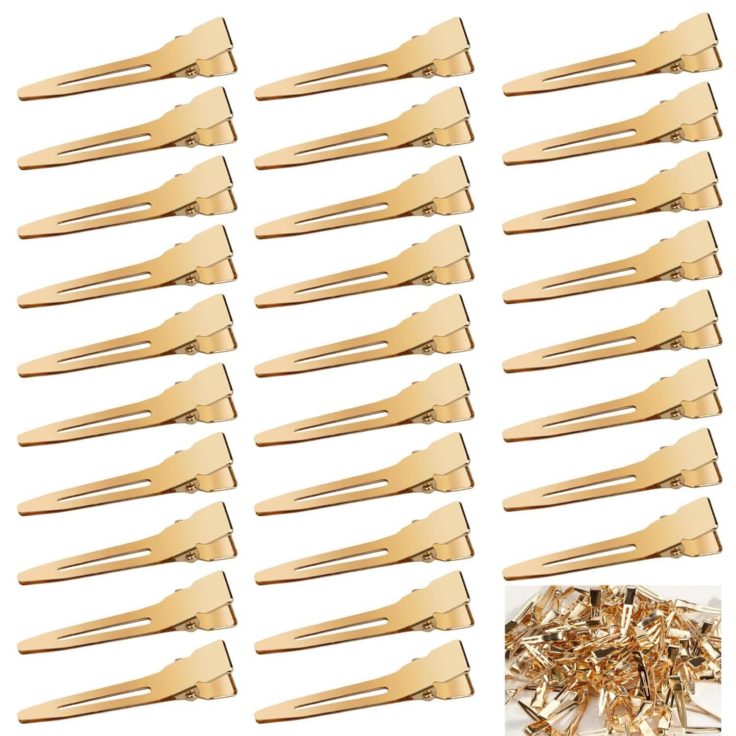 Qearl 120 PCS 1.77&quot; Single Prong Curl Clips Gold Curl Pins Duckbill Clips Metal Alligator Clips for Hair Extensions Styling (Gold)