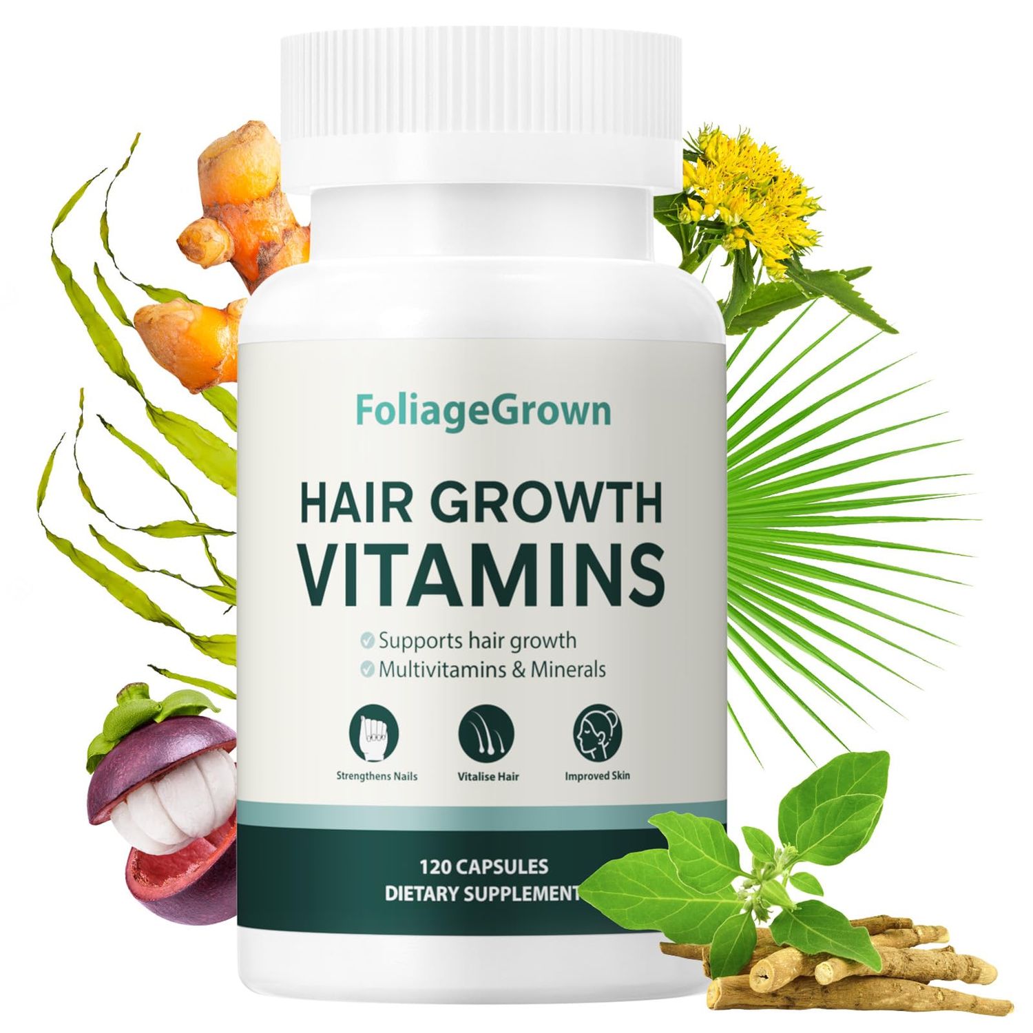 FoliageGrown Hair Growth Supplements,Visibly Thicker Hair,Hair Growth Vitamins for Women and Men - 2 Month Supply(120 Capsules), White