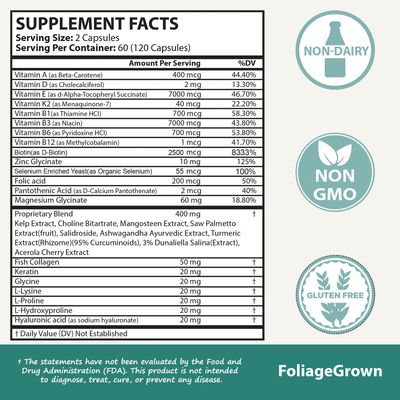 FoliageGrown Hair Growth Supplements,Visibly Thicker Hair,Hair Growth Vitamins for Women and Men - 2 Month Supply(120 Capsules), White