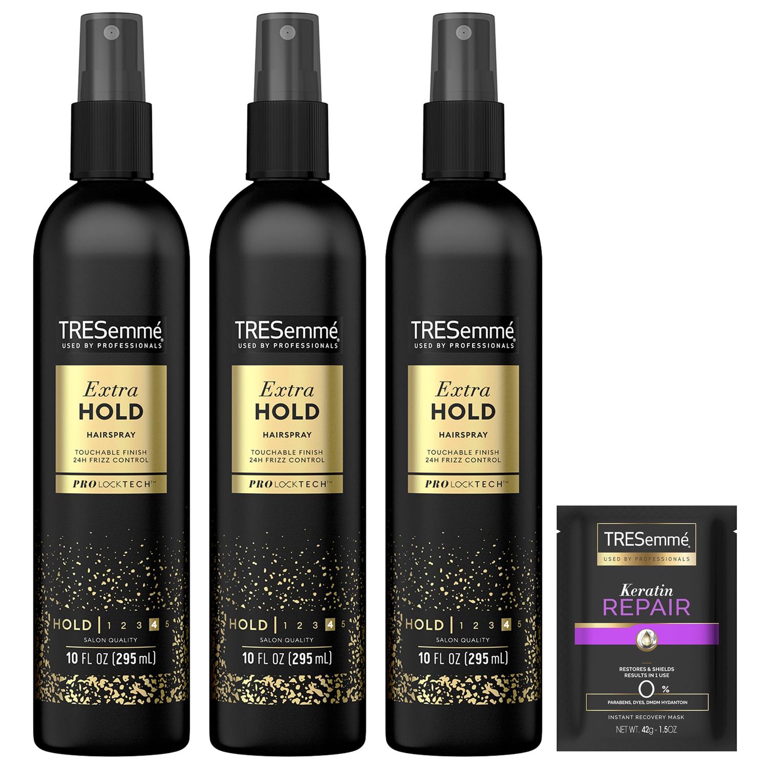 TRESemm Hairspray, Non-Aerosol, Extra Hold, 3-Pack + Keratin Repair Hair Mask - Moisturizing Hair Spray, Anti-Humidity, Anti-Frizz Hair Products (4 Piece Set)