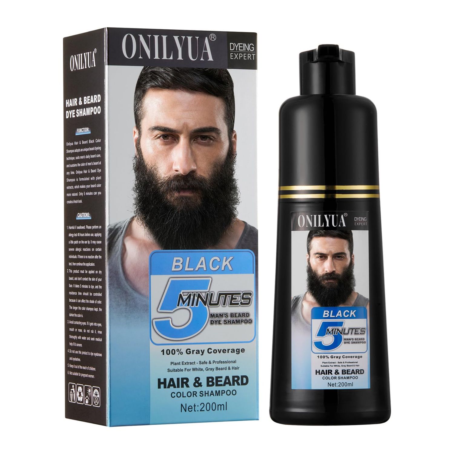 Men&#39;s Black Beard Dye, Black Hair Dye for Gray Hair Coverage, 3 in 1 Hair Dye Shampoo, Mustache &amp; Beard Dye for Men, Quick &amp; Easy to Use at Home, Long Lasting Beard Color for Men 200ML