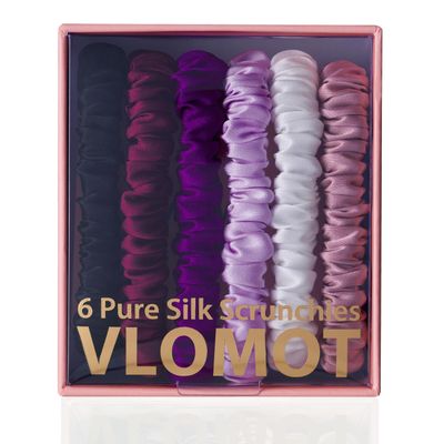 VLOMOT 6 Pcs Set 100% Pure Mulberry Silk Hair Scrunchies Silk Hair Ties with 6 Chic Colors Everyday Skinny Scrunchies Silk Ponytail Holders Hair Care No Damage (Purple)