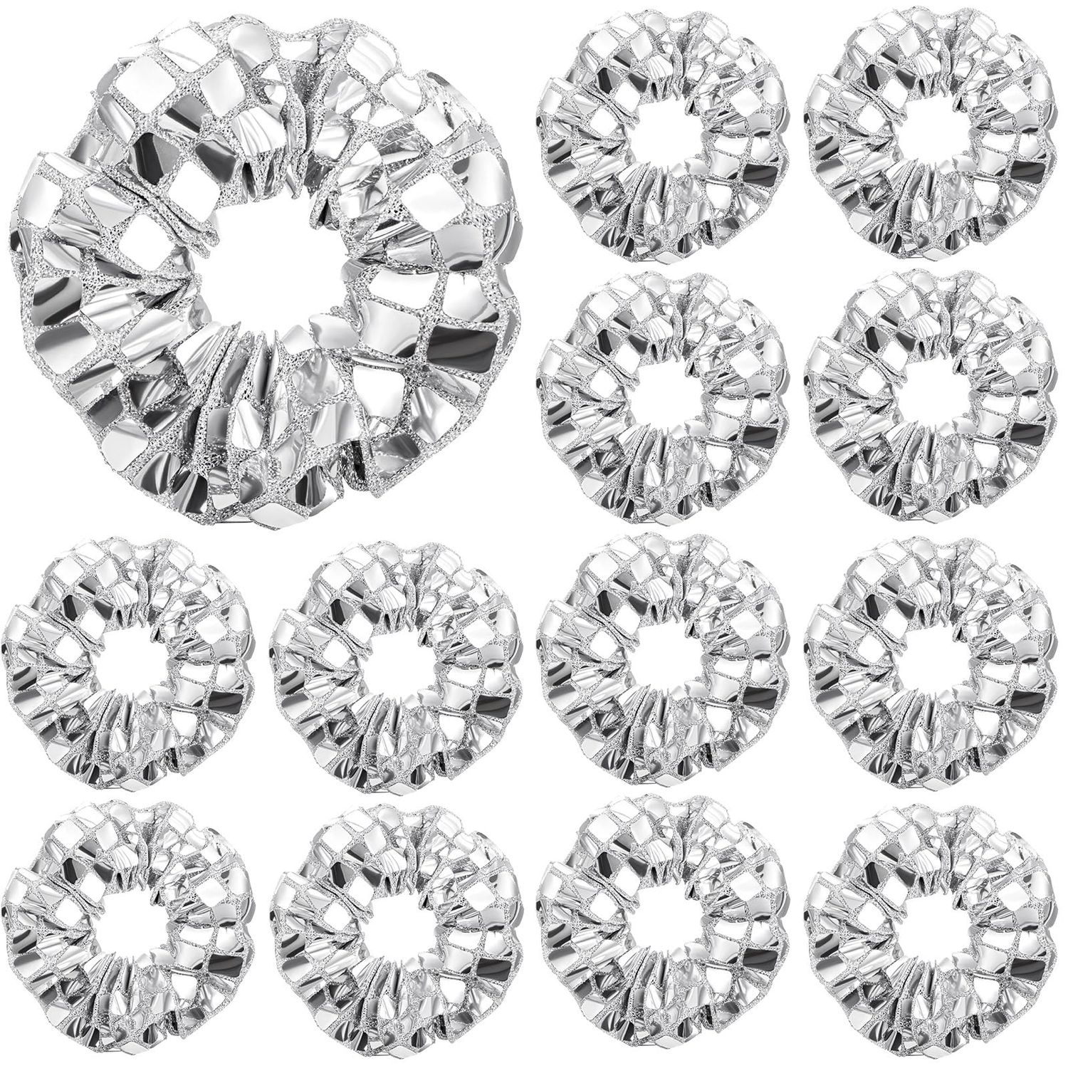Lyrow 12 Pack Mirror Disco Sequin Hair Scrunchies Metallic Silver Hair Accessories for 80s 90s Birthday Western Bridal Shower Bachelorette New Year(Silver)
