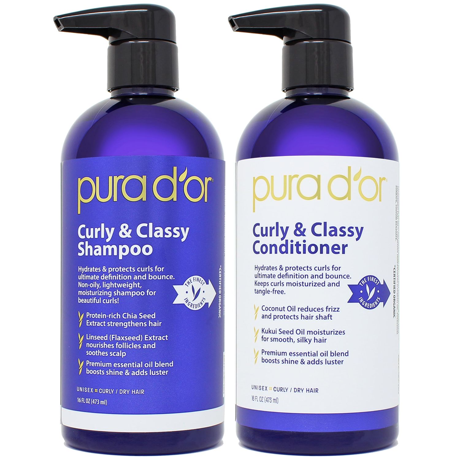 PURA D&#39;OR Curly &amp; Classy Shampoo &amp; Conditioner Set for Defined Curls - Nourishing Formula with Argan, Castor, Geranium, Coconut &amp; Kukui Seed Oils