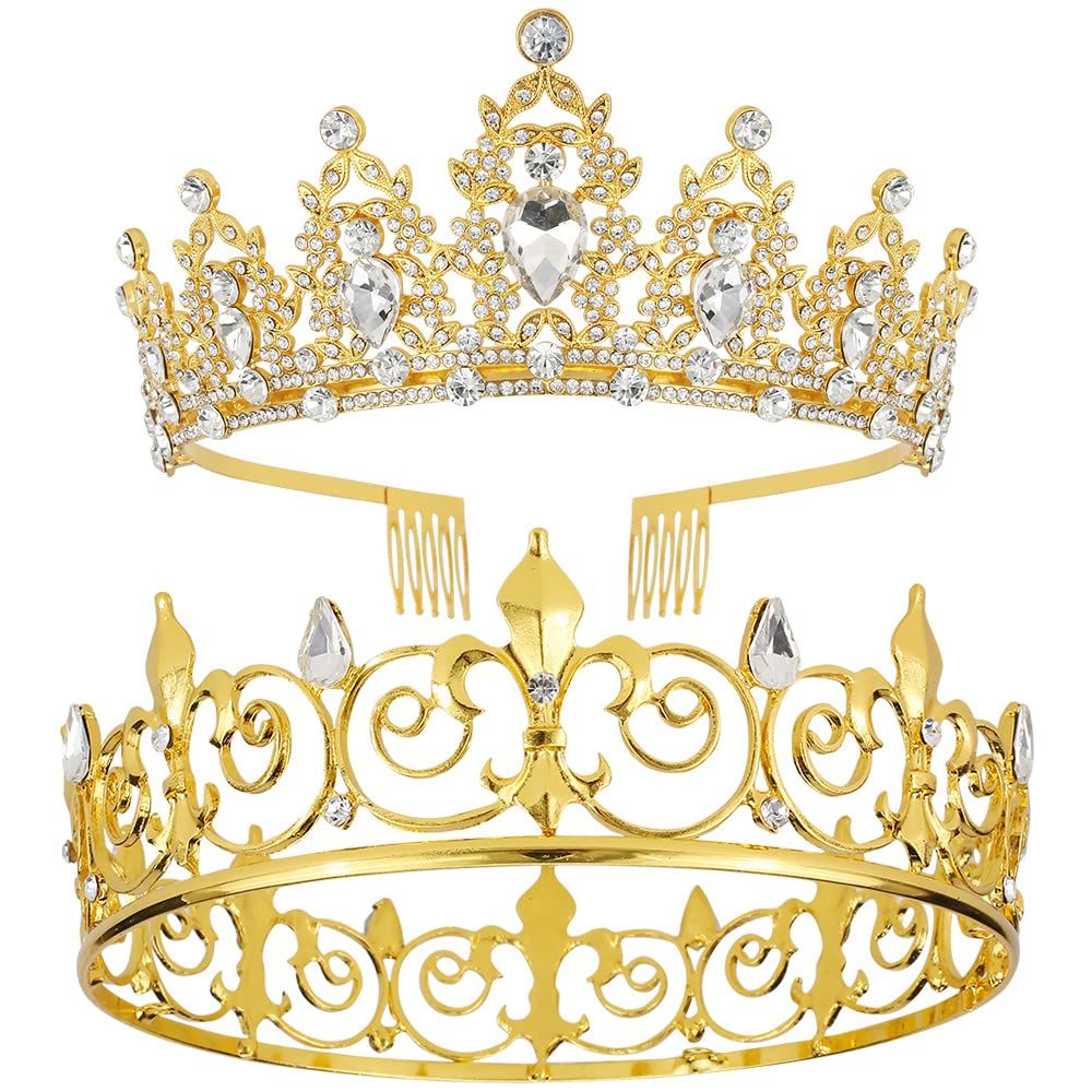 AOPRIE King &amp; Queen Artemis Tiara and Crown for Women Men Crystal Hair Accessories for Wedding Prom Bridal Birthday Party Halloween Costume Christmas Gifts Gold Princess Tiara for Girls Boys