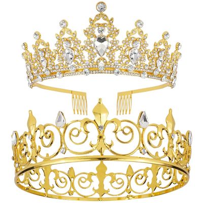 AOPRIE King &amp; Queen Artemis Tiara and Crown for Women Men Crystal Hair Accessories for Wedding Prom Bridal Birthday Party Halloween Costume Christmas Gifts Gold Princess Tiara for Girls Boys