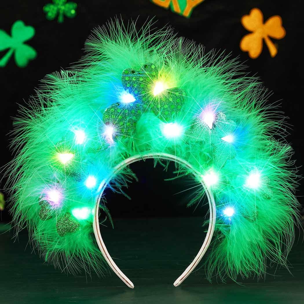 CAKURE St. Patrick&#39;s Day Light Up Headband Green LED Shamrock Hair Band Irish Day Feather Headpiece Festival Hair Accessories for Women and Girls