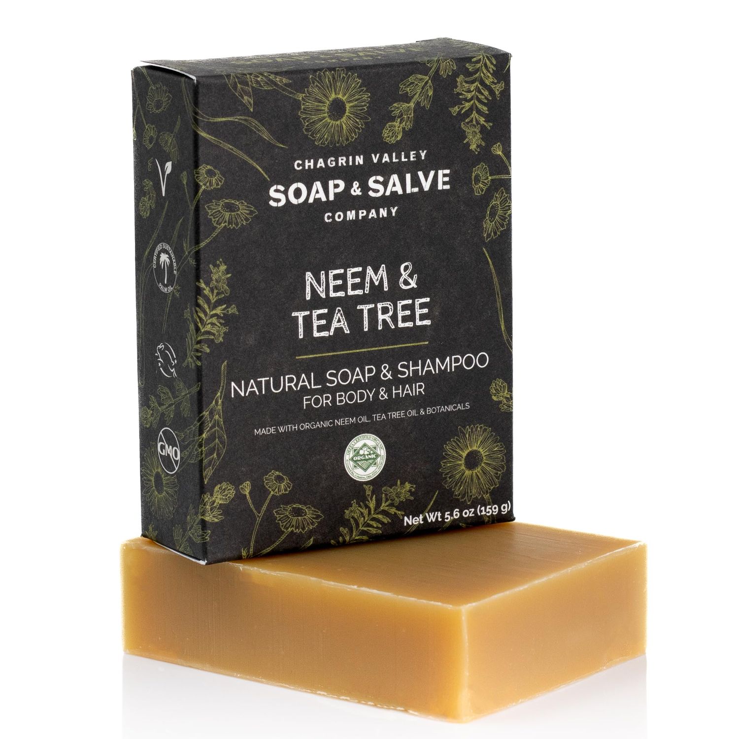 Chagrin Valley Soap &amp; Salve Neem &amp; Tea Tree Organic Soap &amp; Shampoo Bar - Soothe Dry, Itchy, Irritated Skin - Sulfate Free Shampoo For Body &amp; Hair Vegan Shampoo Natural, Large 5.6 oz Bar Shampoo