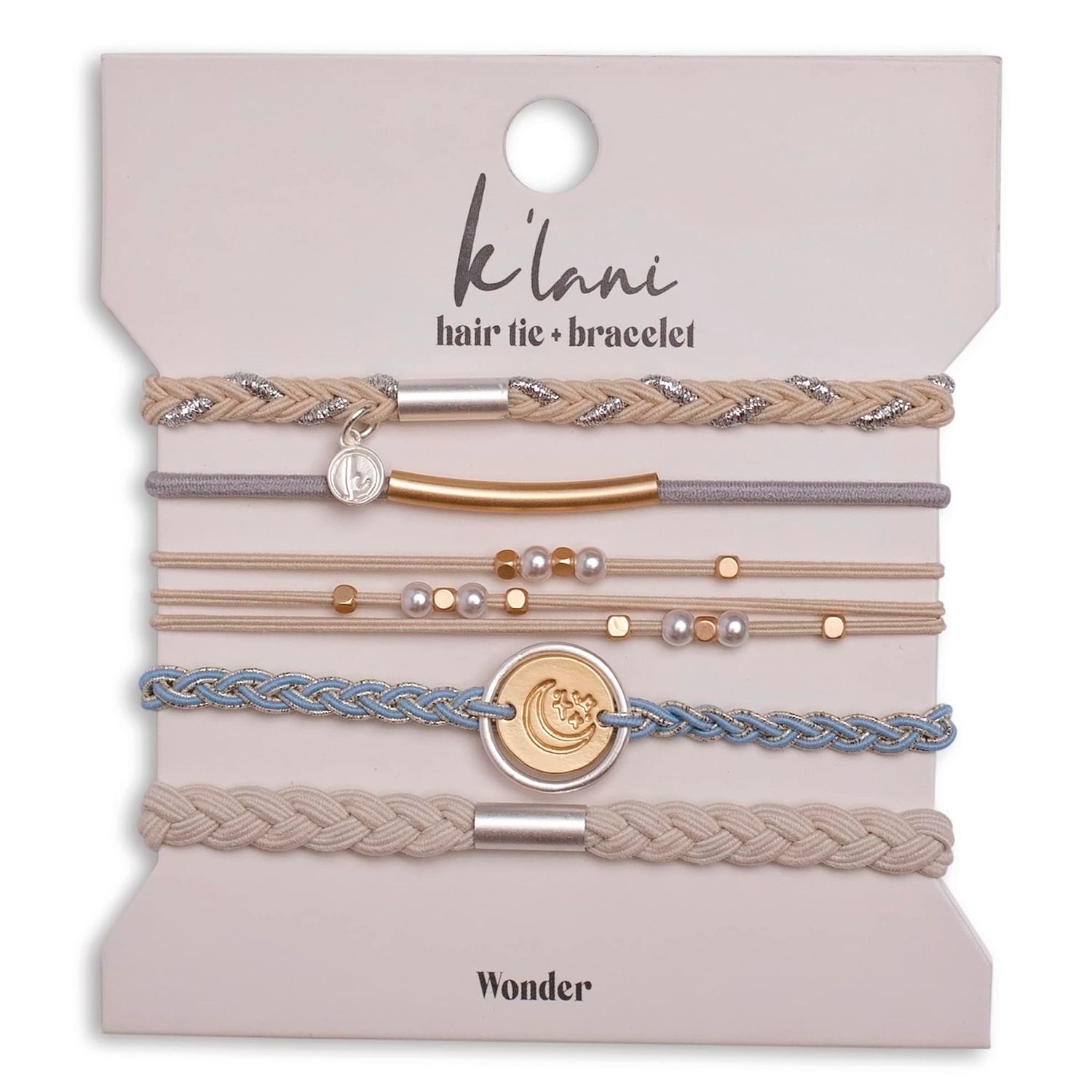 K&#39;lani Wonder Boho Hair Tie Bracelets - Elastic Bracelets &amp; Boho Hair Ties - Cute Hair Ties for Women - Set of 5 (Medium, Light Neutrals)