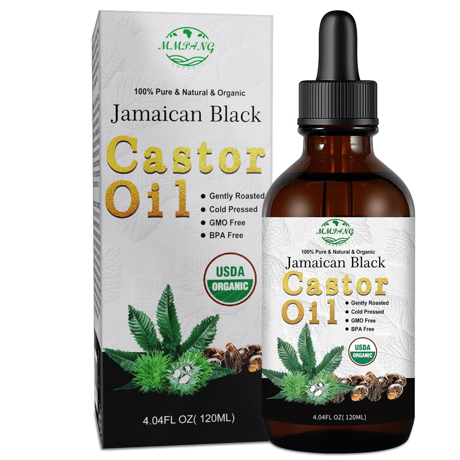 MMPANG Jamaican Black Castor Oil - USDA Certified Organic Cold Pressed Hexane Free Unrefined, Natural Hair Oil For Treatment Scalp, Growth Hair Eyelashes Eyebrows (4oz/120ml Glass Bottle)