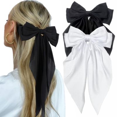 JOYRUBY Black Hair Bow White Bow Clips, 2PCS Satin Hair Bows for Women Christmas Gifts, White Hair Bow Black Bow Big Bows for Girls, Large Hair Bows Bowknot Hair Accessories