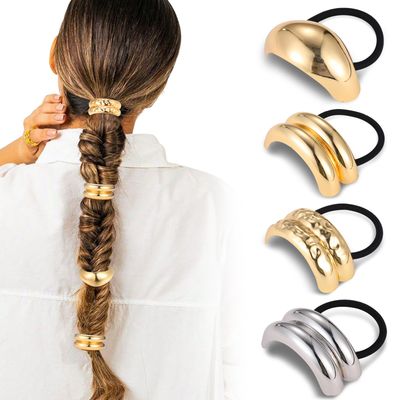 4Pcs Metal Hair Ties,Gold Metal Geometric Elastic Hair Ties, Hair Cuff Wrap Hair Ties for Thick Hair Elastic Hair Ties for Women Hair Accessories