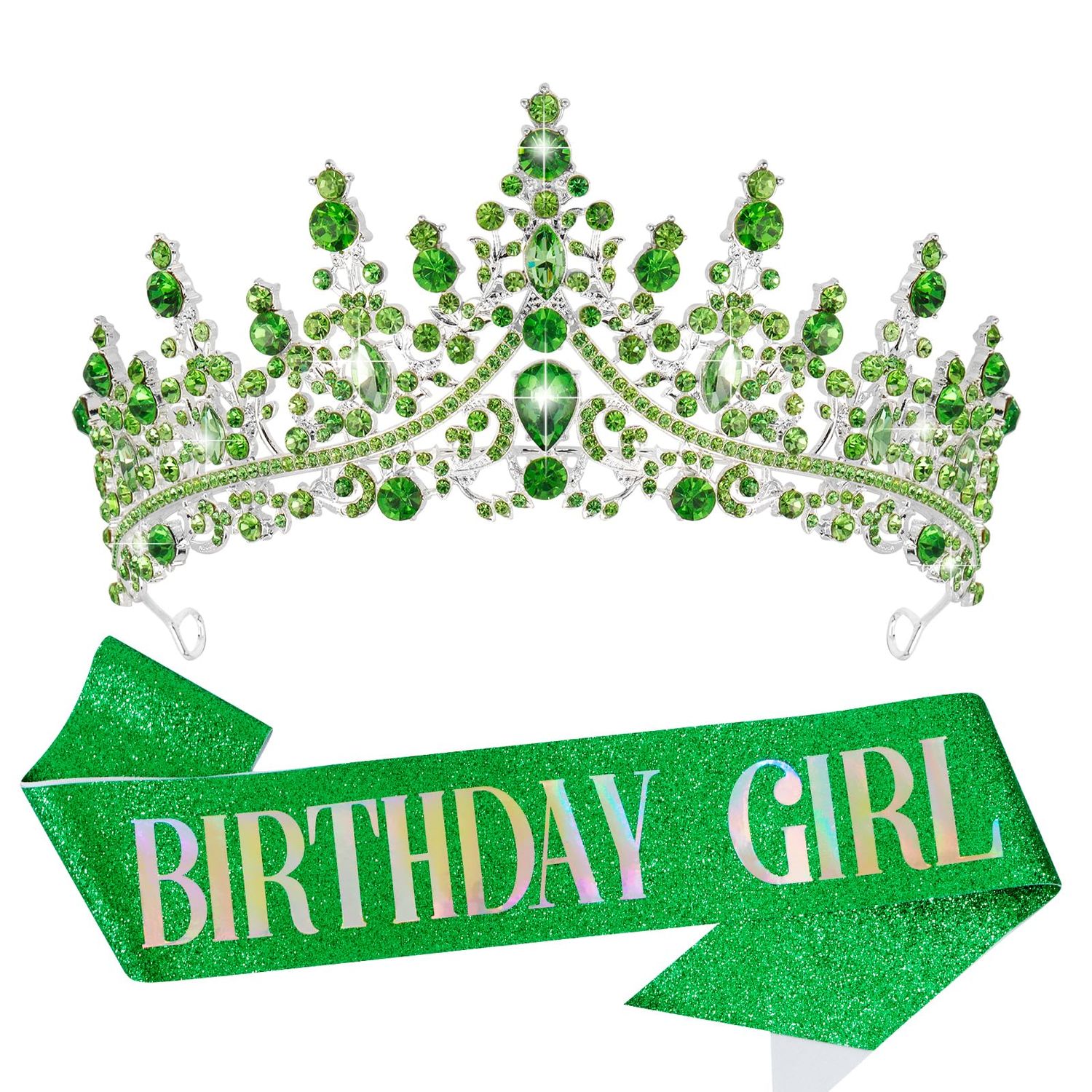 VELSCRUN Birthday Tiara Crowns for Women Girls Green Crystal Birthday Girl Headband Sash Elegant Princess Crown Happy Birthday Party Decorations Women Sisters Birthday Gift Hair Accessories