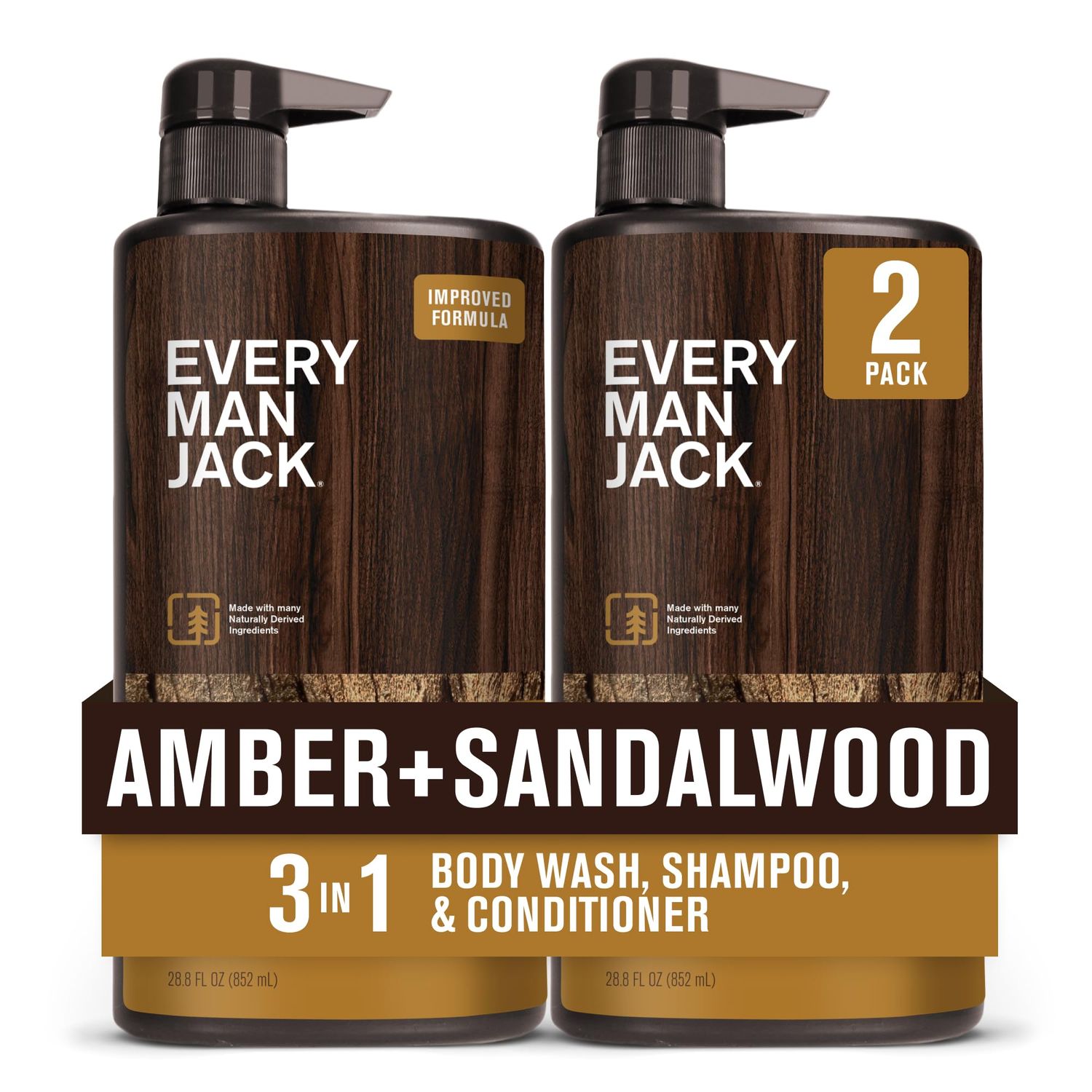 Every Man Jack Amber + Sandalwood Hydrating Mens 3-in-1 All Over Wash for All Skin and Hair Types - Body Wash, Shampoo and Conditioner with Naturally Derived Ingredients - 28.8oz (2 Pack)