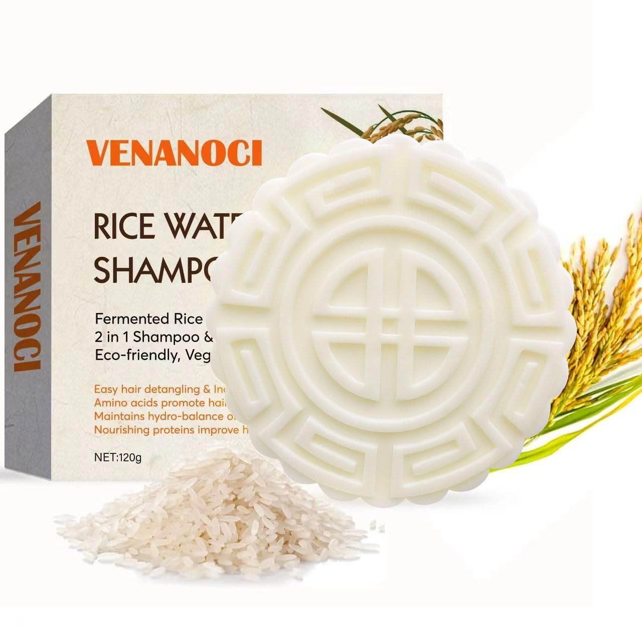 Venanoci Rice Water Shampoo Bar, 2-in-1 Fermented Rice Water Shampoo and Conditioner, Vegan, Sustainable, Anti-Hair Loss, Suitable for All Hair Types, Natural Ingredients, Unisex