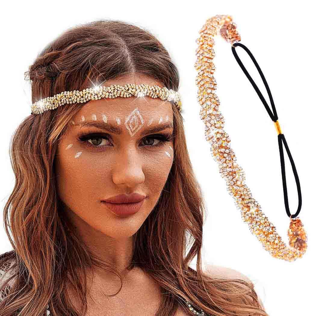 Fstrend Gold Elastic Rhinestone headbands Sparkly Crystal Head Chain for Women