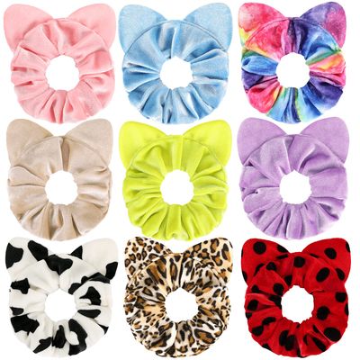 Mouse Ear Scrunchies for Hair, Funtopia 9 Pcs Cute Velvet Scrunchies for Women Girls Kids, Fashion Colorful Scrunchy Hair Ties Ponytail Holders for Birthday Party Gift