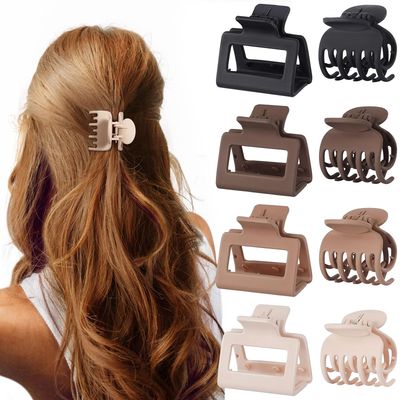 Oeusnael 8 PCS Medium Hair Clips for Women Girls - 2 Styles Rectangle and Double Row Teeth Small Hair Claw Clips for Thin/Medium Thick Fine Hair, Matte Non-slip Strong Hold Jaw Clips, Neutral Colors