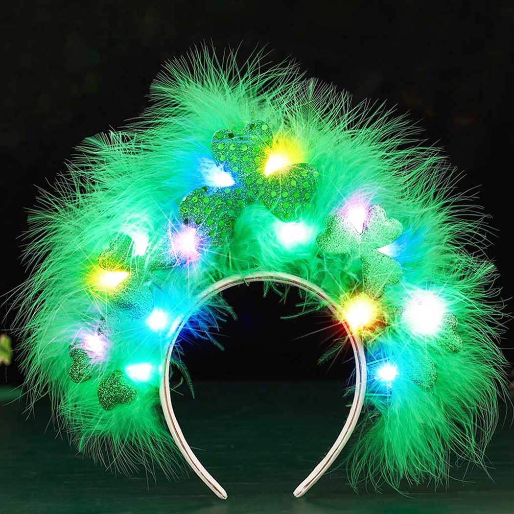 GORTIN St Patrick&#39;s Day Headband Light up Shamrock Head Band Green Feather LED Irish Hair Band Festival Party Costume Hair Accessories for Women and Girls