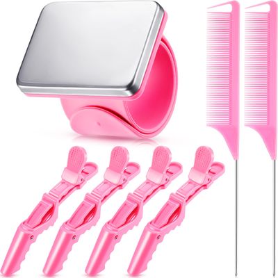 7 Pieces Hair Braiding Tools Magnetic Pin Wristband and 2 Pieces Stainless Steel Pintail Rat Tail Comb with 4 Wide Teeth Alligator Sectioning Hair Clip for Braid Tool Braid Maker(Pink)