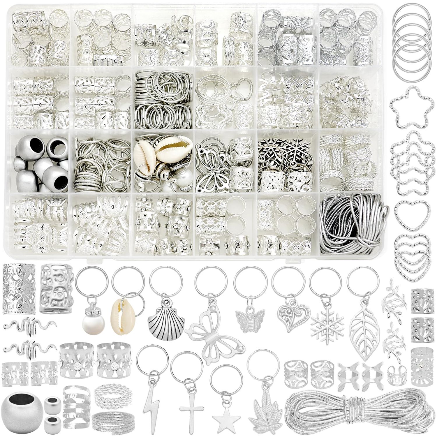 Fscwlmon 309Pcs Hair Jewelry for Women Braids,Hair Loc Cuff Coils Rings for Dreadlock Accessories,Locs Hair Tube Beads Decorations,Braid Clips Hair Charms Braids Accessories Silver