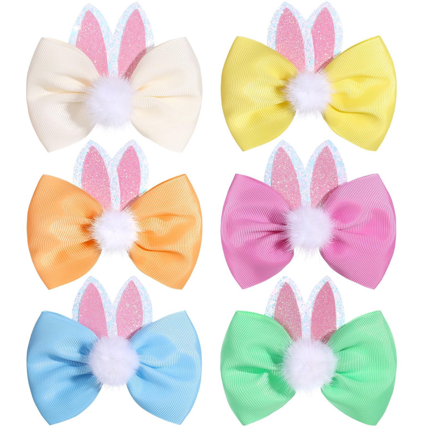 PABOBIT 6 PCS Easter Hair Bows for Girls, 4 Inch Colorful Girls Bows Toddler Bows Clips with Bunny Rabbit Ears Easter Hair Accessories for Toddlers Kids Spring Holiday Gift
