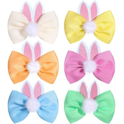 PABOBIT 6 PCS Easter Hair Bows for Girls, 4 Inch Colorful Girls Bows Toddler Bows Clips with Bunny Rabbit Ears Easter Hair Accessories for Toddlers Kids Spring Holiday Gift
