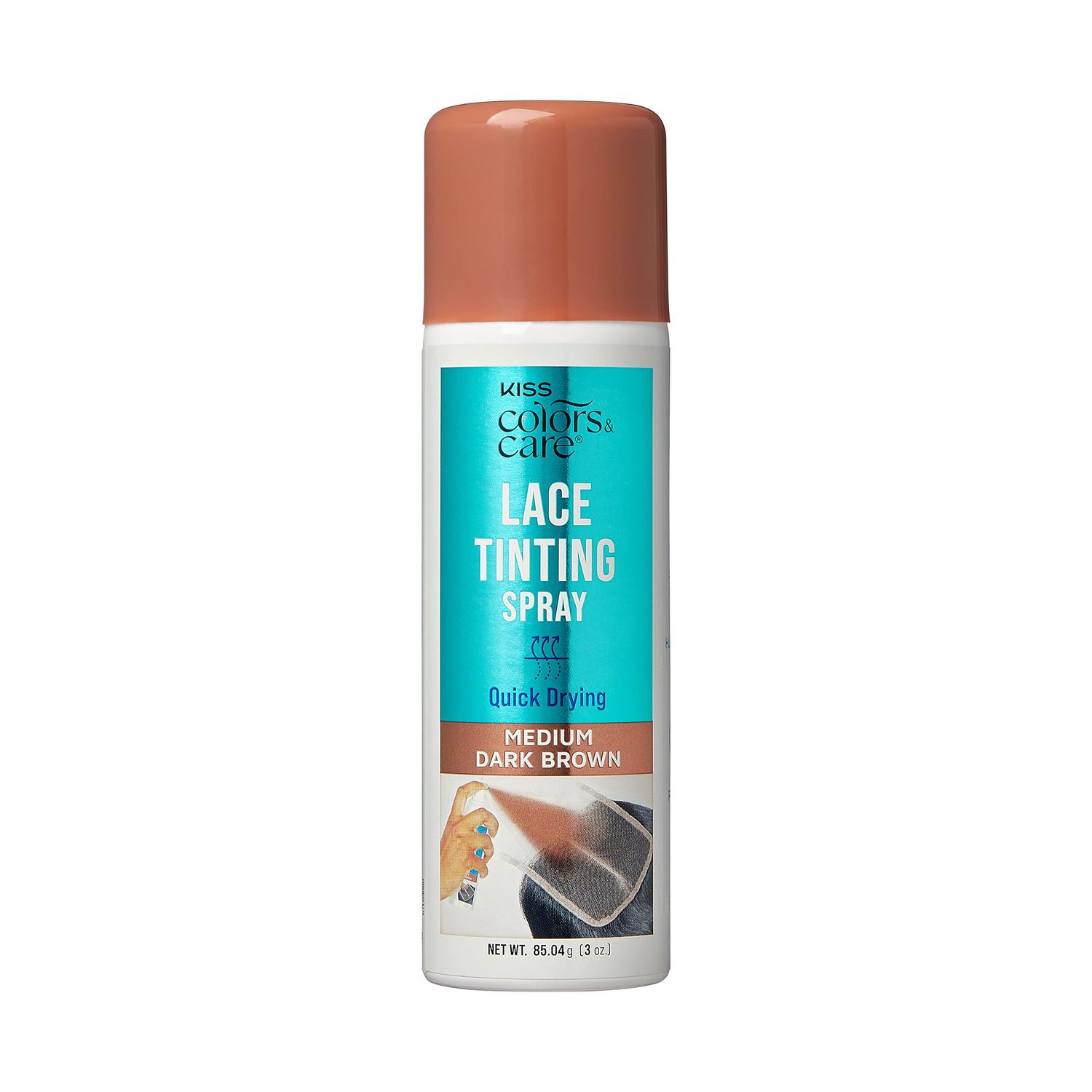 KISS Colors &amp; Care Quick Drying Lace Tinting Spray, Medium Dark Brown, 3 oz. - Blends Lace Seamlessly, Washes Out Easily, Smudge-Free Formula, Sweat Resistant, Natural Look, Buildable Coverage