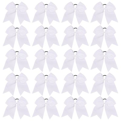20 PCS 8 Inch Cheer Hair Bows Large Cheerleading Big Hair Bows with Ponytail Holder Hand-made Grosgrain Ribbon Hair Accessories for Teen Girls (White)