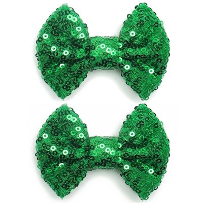 KISZU 3 Inch Glitter Hair Bows Clips, Sparkling Sequin Little Bow HairPins for Baby Girls Children Teens and Women (Green)