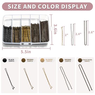 Mia Klein Bobby Pins and Hair Pins Combo Box 500PCS, Big Quantity Hair Pins Kit Black Brown Gold Bobby Pins and U Shape Hair Pins Brown for Styling Hair with Storage Box 2" / 2.4" / 2.6 for Women