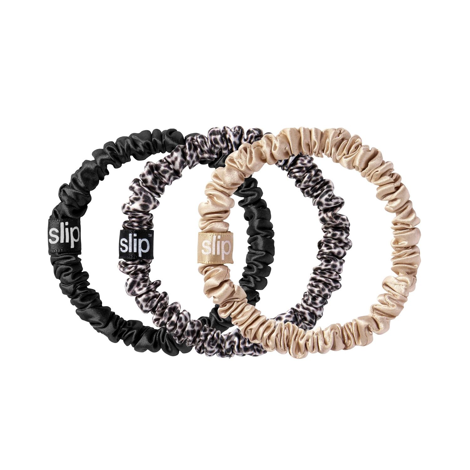slip Skinny Scrunchies: Elevate Your Hair Game with Anti-Crease, Anti-Breakage Design,Crafted from Slipsilk, Fierce: 3 Pure Silk Skinny Scrunchies in Black, Caramel &amp; Leopard