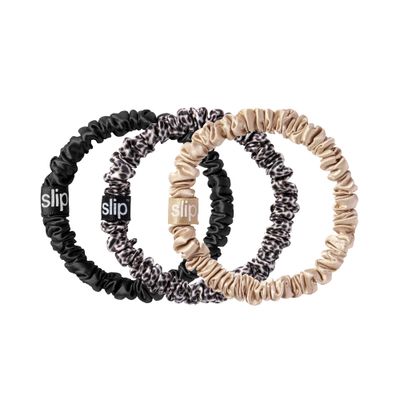 slip Skinny Scrunchies: Elevate Your Hair Game with Anti-Crease, Anti-Breakage Design,Crafted from Slipsilk, Fierce: 3 Pure Silk Skinny Scrunchies in Black, Caramel &amp; Leopard