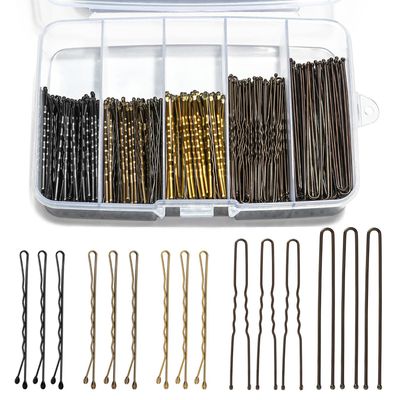 Mia Klein Bobby Pins and Hair Pins Combo Box 500PCS, Big Quantity Hair Pins Kit Black Brown Gold Bobby Pins and U Shape Hair Pins Brown for Styling Hair with Storage Box 2&quot; / 2.4&quot; / 2.6 for Women