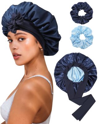 CHLINS Reversible Satin Bonnet for Sleeping Women Silk Bonnet Double Layer Hair Bonnet with 2PCS Hair Scrunchies Elastic Tie Band Night Cap Hair Wrap for Natural Curly Hair (Navy Blue + Light Blue)