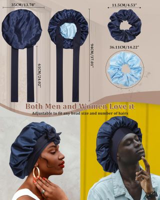 CHLINS Reversible Satin Bonnet for Sleeping Women Silk Bonnet Double Layer Hair Bonnet with 2PCS Hair Scrunchies Elastic Tie Band Night Cap Hair Wrap for Natural Curly Hair (Navy Blue + Light Blue)