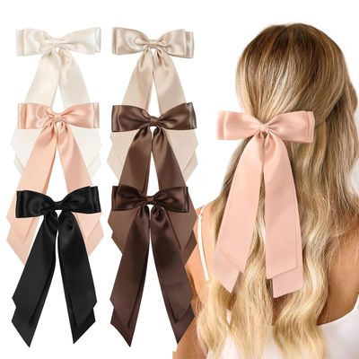 Unbednigt 6PCS Silky Satin Hair Bows, Bow Hair Clips with Long Tail, Hair Ribbon Ponytail Holder Accessories, Alligator Metal Clips Hair Bows for Women Girls Toddler Holiday Gifts