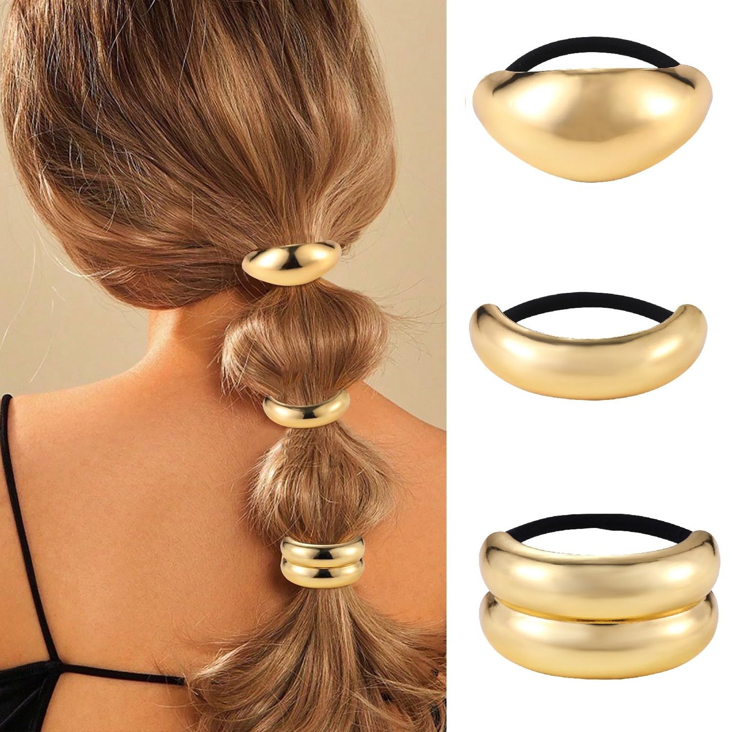 Papasgix 3 Metal Hair Ties, Ponytail Cuffs - Gold &amp; Silver Hair Accessories for Women (Gold Set 01)