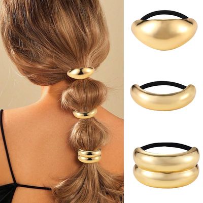 Papasgix 3 Metal Hair Ties, Ponytail Cuffs - Gold &amp; Silver Hair Accessories for Women (Gold Set 01)