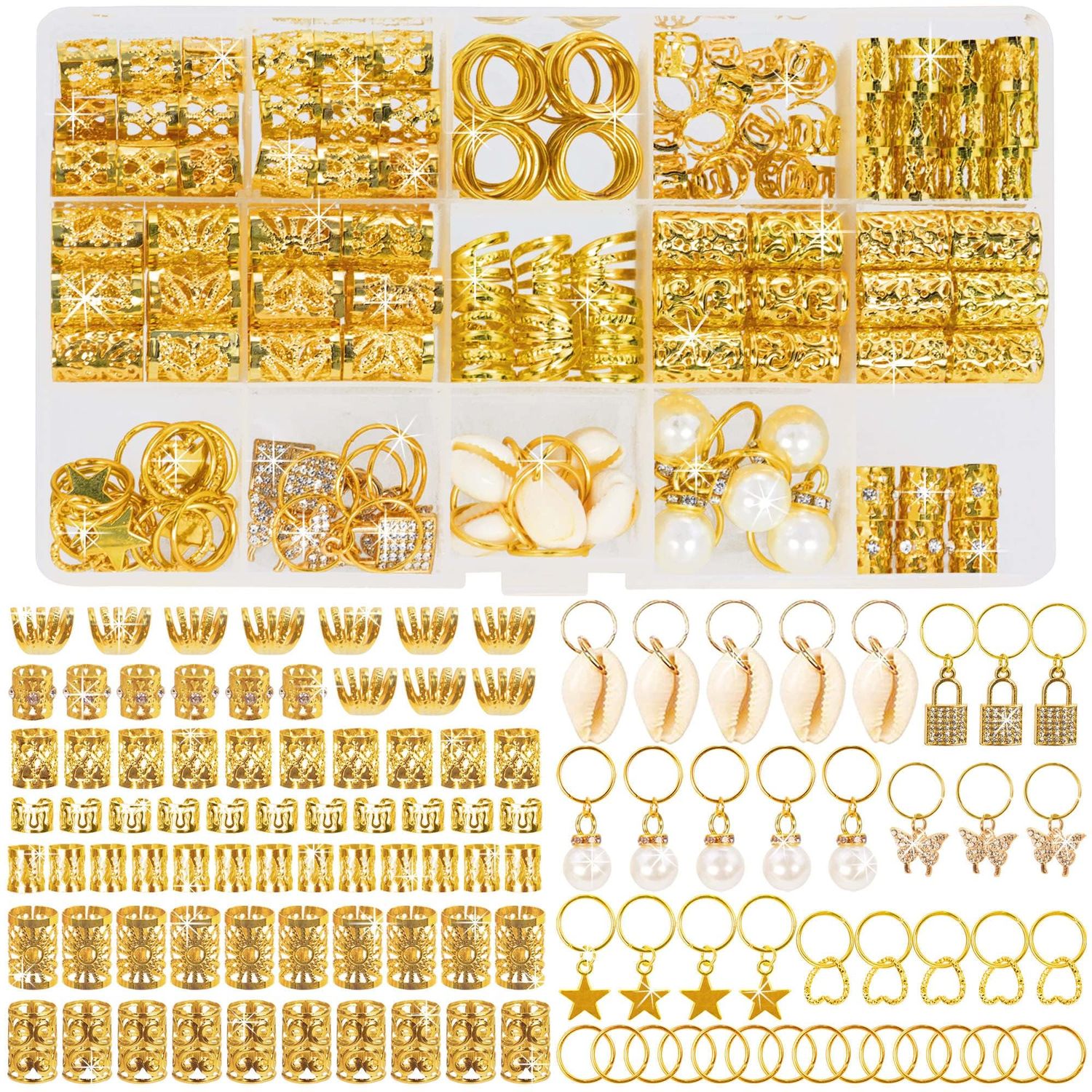 Hair Beads Jewelry, 212pcs Hair Accessories, Loc Jewelry Tube Bead for Hair Dreadlock, Metal Hair Coils Rings, Hair Braiding,Gold Hair Jewels Pendants,Braid Cuffs,Clips, DIY Belongs to Your Beauty