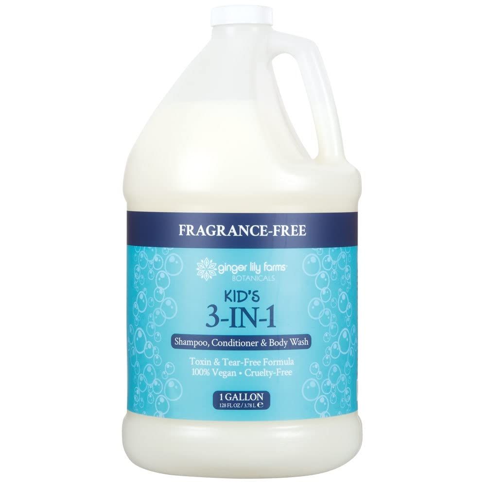 Ginger Lily Farms Botanicals Kid&#39;s 3-in-1 Shampoo, Conditioner &amp; Body Wash, Tear-Free Formula, 100% Vegan &amp; Cruelty-Free, Fragrance-Free, 1 Gallon (128 fl oz) Refill