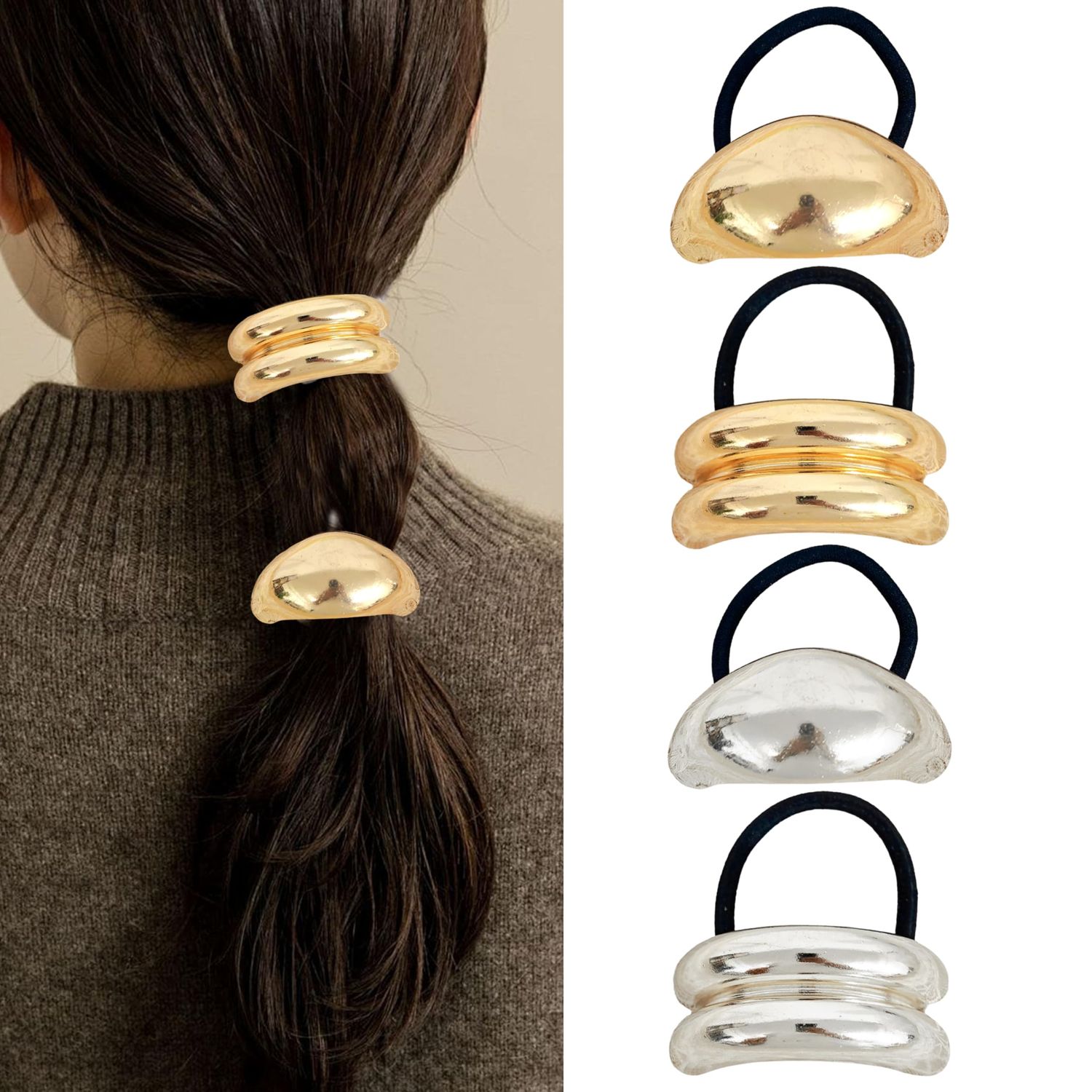 Metal Ponytails Hair Cuffs Gold &amp; Silver Metal Hair Ties, Gold Metal Geometric Elastic Hair Ties, Fashion Glossy Arch Ponytail Hair Tie for Women Hair Accessories 4PCS