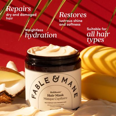 Fable &amp; Mane HoliRoots Hair Mask, 8FL oz - Hydrating Hair Mask for Dry Damaged Hair with Shea Butter, Banana, Coconut Water, Mango Butter and Indian Jasmine Sambac Fragrance