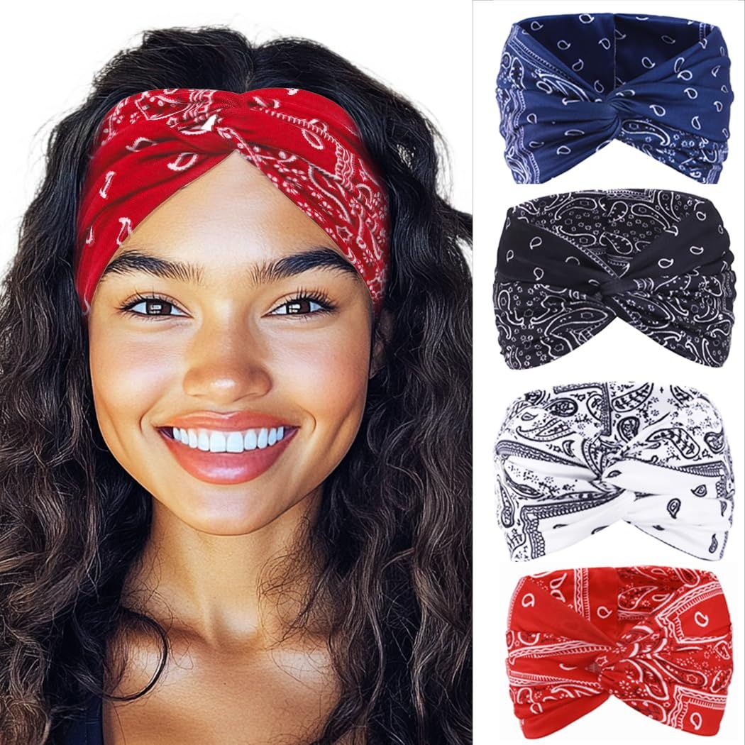 Urieo Boho Women Headband Stretchy Bandanas Headband Turban Paisley Print Hair Band Sport Knotted Hair Wrap for Women and Girls(Pack of 4) (A)