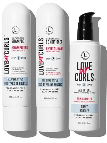 Love Ur Curls Fragrance Free Shampoo and Conditioner Set with All in One Curl Cream Styler for Curly Hair, 3 Step System to Repair, 200 mL