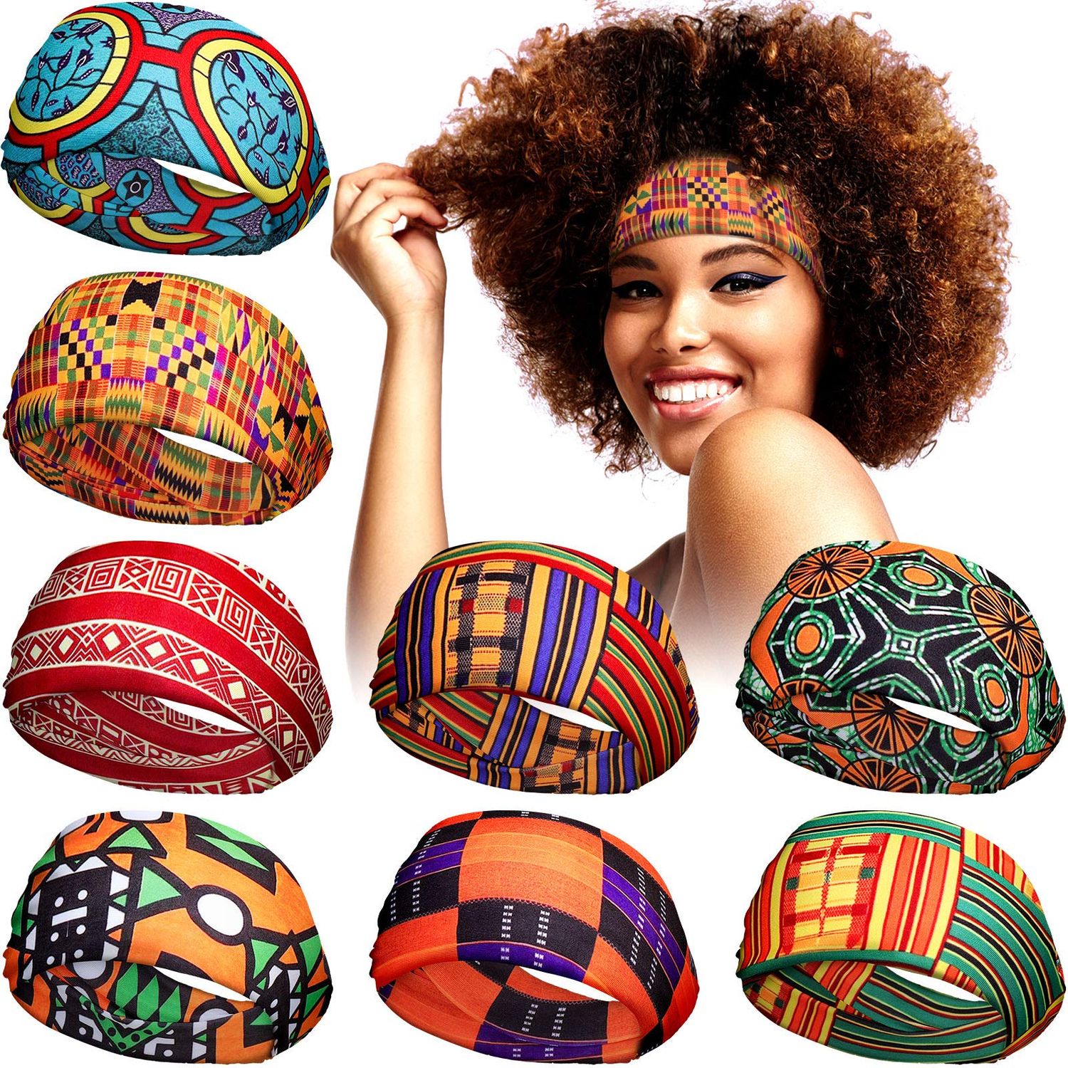 8 Pieces African Headband Stretchy Boho Print Hairband Yoga Running Sports Workout Head Grip Band Elastic Turban Headwrap Head Cloth for Women Hair Accessories(Classic Pattern)