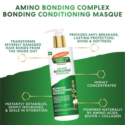 Palmer's Amino Bonding Complex Hair Mask, Intense Conditioning Masque Pack with Coconut Oil &amp; Vitamin E, Heat Protectant, Anti Frizz, Adds Shine, Protects Hair Growth, All Hair Types, 12 fl. oz bottle