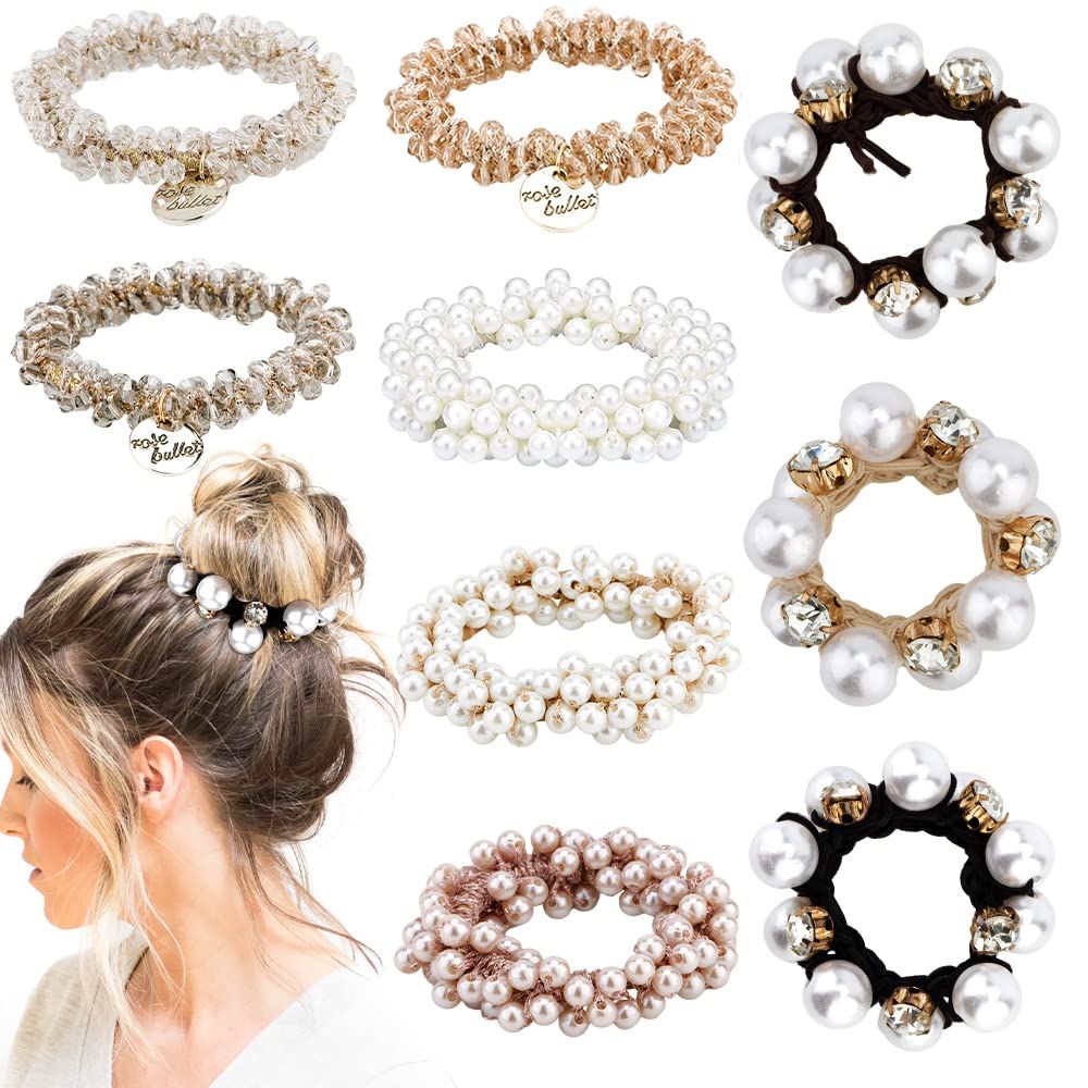 Ahoney 9Pcs Pearl Hair Ties Elastic Hair Scrunchies Hold Crystal Beads Bulk Hair Ropes Stretchy Handmade Boho Hair Accessories for Women Girls (Pearl&amp;Crystal)